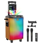 Karaoke Machine for Adults, TONOR Portable Bluetooth Speaker with 2 Wireless Microphones PA System with Disco Ball LED Ligts for Home, Party, KTV, Tablet Holder, Brown, Supports REC/USB/TF/AUX