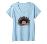 Womens Retro Vintage Vinyl Sunset Reflection LP Vinyl Record V-Neck T-Shirt