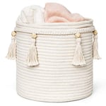 Mkono Panier décoratif en corde de coton macramé style bohème avec pompons pour chambre, jouets de bébé, magazines, housse de plantes en pot, salon, chambre, décoration d'intérieur 28 x 28 cm, Petit