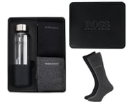 HUGO BOSS MENS GIFT SET 2 PAIR SOCKS & GLASS WATER BOTTLE REUSABLE PORTABLE SET