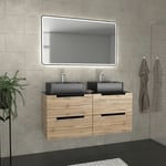 Aurlane - Meuble salle de bains 120cm Chêne et noir, Vasques rectangulaires et Miroir Black Led 120x70 - omega