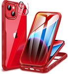 CENHUFO Coque iPhone 14/iPhone 13, Antichoc Housse avec Protection écran Verre Trempé et Protecteur Caméra, 360° Double Face Téléphone Etui Transparent Case Intégrale Coque pour iPhone 14/13-Rouge