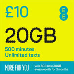 EE Sim Card Pay As You Go £10 Pack 20GB Data Unlimited SMS Mini Micro Nano PAYG