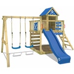 Wickey - Aire de jeux Portique bois Smart Cave avec balançoire et toboggan bleu Cabane enfant exterieur avec bac à sable, échelle d'escalade &