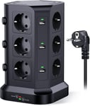 Tour multiprise parafoudre et surtension(4000W/16A), Multiprise Electrique avec 6 Ports USB et 12 Prises, multiprise avec et 3 Interrupteurs, 2M Cordon, Noir