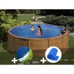 Kit piscine acier aspect bois Gré Mauritius ronde 3,70 x 1,32 m + Bâche hiver + Bâche à bulles Aspect Bois