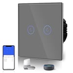 BSEED Smart WiFi 2 Gang 1 Way Alexa Switchable Switches Grey, Glass Panel Wall Light Switch, Voice/App Control Sharing WiFi Switches(Neutral Wire Required)