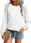 Aleumdr Womens Long Sleeve Tops Dressy Casual Crewneck Waffle Knit Lace Patchwork T Shirts for Women Loose Fit Blouses White XX-Large Plus Size 20 22