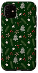 iPhone 11 Kelly Green Christmas Tree Jolly Leaves Star Holiday Pattern Case