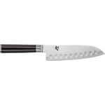 KAI Shun Classic Santoku 18 cm Longueur de Lame avec Bordure Granton - Couteau Damas 32 Couches Noyau VG Max - 61 (±1) HRC - Manche en Pakkawood - Fabriqué au Japon - Couteau de Chef Japonais Forgé