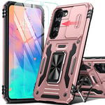 Joytra for Samsung Galaxy S23 Case, [Rotatable Kickstand Ring & Slide Camera Protector], [2* Tempered Glass Screen Protectors] Heavy Duty Military Grade Shockproof Case for Samsung S23 5G - Rose Gold