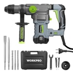 WORKPRO Marteau Perforateur Électrique 1500W, Perceuse à Percussion, Marteau Rotatif avec Poignée Rotative 360°, 4 Fonctions, Mandrin SDS-PLUS, Perçage et Burinage, Livré avec Mallette et Accessoires