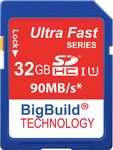 32Go 90Mo/S Ultra Rapide Carte Mémoire Pour Camera De Canon Digital Ixus 185, Classe 10 Sd Sdhc