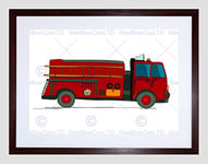 Wee Blue Coo Fire Truck Cartoon Illustration Kids Children Engine Framed Wall Art Print