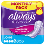 Always Discreet Incontinence Pads Women, Long, Absorbency 4 x 80 Sanitary Towels