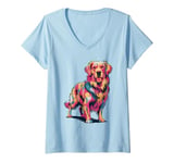 Womens Cute Colorful Golden Retriever Dog Art for Pet Lovers V-Neck T-Shirt