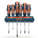 Presch Star Screwdriver Set 6pcs. with Wall Storage Tool Rack - Magnetic Screwdriver Sets - Tool Holder - TÜV/GS Star Screw Drivers T10 to T40