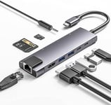 Hub USB C 9 en 1 avec adaptateur multiport Gigabit Ethernet, 100 W PD, 4K @ 60 Hz, 2 USB 3.0, USB C 3.0 Data, lecteur de carte SD/TF, jack 3,5 mm, station d'accueil pour MacBook Pro, iPad Pr.[S1408]