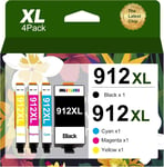 912Xl Lot De 4 Cartouches D'Encre De Rechange Pour Hp 912 Xl Compatibles Avec Hp Officejet 8010 8012 8014 8015 8017 Officejet Pro 8021 8022 8023 8024 8025 (Noir, Cyan, Magenta, Jaune)