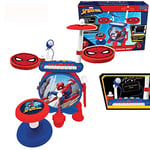 Lexibook- Spider-Man Batterie Électronique pour Enfant, Jeu Musical, Jouet Mixte, Vrai Son, Clavier 8 Notes, Prise pour MP3, siège Inclus, Bleu/Rouge, K610SP, Jaune