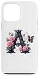 Coque pour iPhone 13 Pro Max Letter A Initial Floral Monogram Rose Pink Flower Butterfly