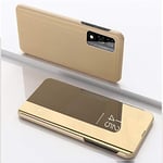 Hülle® Mirror Plating Clear View Stand Function Flip Case Compatible for OPPO Realme 7 Pro (Gold)