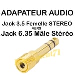 ADAPTATEUR AUDIO JACK 3.5 FEMELLE STEREO VERS JACK 6.35 MALE STEREO QUALITE METAL DORE