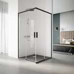 Paroi de douche coulissante en accès d`angle- 79 x 79 cm. Hauteur : 195 cm - Profilé Noir - Verre de sécurité Transparent de 6 mm - Anti-calcaire