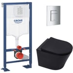 Grohe - Pack wc Bâti Solido + wc sans bride sat Noir mat + Abattant frein de chute + Plaque chrome (AUTOPORTANT-BLACKINFINITIO-1)