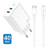 Jellico EU19 GaN 40W PD Universaali Super Nopea Laturi 2x USB-C / USB-C to Lightning 1m Kaapeli Valkoinen