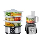 GEEPAS 3-Tier 1000W Food Steamer & 1200W Compact Food Processor Combo Set