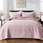 Qucover Quilted Bedspreads Embroidered Soft and Comfortable Cotton Bedspread Super King Size with Elegant Palm Leaf Pattern, 3 Pieces Bedspreads Coverlets Sets with Pillowcases, Pink 250x270cm