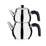 Karaca Kayra Tea Pot Set Black, Teapot: 1 Litre, Kettle 1.75 litres, 18/10 Stainless Steel, with Tea Sieve, 2 Years Warranty, Durable, Healthy, Metal, Suitable to Use On Induction Hobs