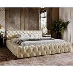 Lit double 140x200 Vigo - Lit Chesterfield avec Tiroir de Lit - Style Glamour - Lit design - Beige (Amor Velvet 4323)