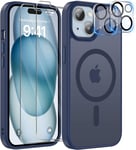 5 In 1 Magn??Tique Coque Compatible Avec Iphone 15 Aimant??E Avec 2 Verres Tremp??S Et 2 Cam??Ra Protecteur, Compatible Magsafe Dos Anti Rayures Coque Antichoc Tpu Bumper Case (Darkblue)