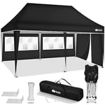 tillvex Tonnelle étanche 3 x 6 m - Pliable pop-up réglable en hauteur - Tente de jardin, protection UV 50+, tente de réception avec sac pour jardin - Noir - Avec 3 panneaux latéraux