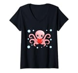 Womens Octopus With Heart Balloons Valentines Day Octopus V-Neck T-Shirt