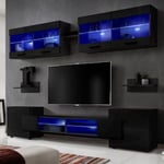 Meuble TV Foggia Komodee - LED Bleues - Noir Brillant et Noir - Facades en Brillant - 230 x 195 x 35 cm