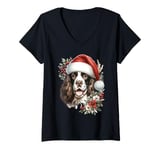 Womens Christmas English Springer Dog Watercolor Artwork V-Neck T-Shirt