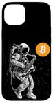 Coque pour iPhone 15 Plus Bitcoin Space Jazz Astronaut crypto sax saxophonist moon