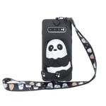 WOOHOO Compatible with Samsung S10+/S10 Plus Phone Case Panda (lanyard long) 3D Cartoon Silicone Animals Cover Cute Case With Strap Cord For Women Kids - Black