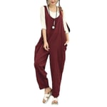 Kvinnor Casual Solid Jumpsuit Lös Baggy Linne Dungarees Byxor Playsuit Overall Romper Wine Red XL
