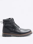 River Island Leather Look Lace Up Boots, Black, Size 10, Men