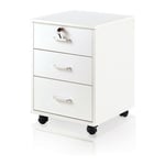 Caisson 3 tiroirs, Meuble rangement bureau mobile avec verrouillable et 4 roulettes, pour format A4, documents, style morderne,Blanc