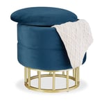 Relaxdays Pouf de Rangement, Velours, Tabouret Rond, matelassé, HxD : 40 x 40 cm, Chambre, Salon, Bleu/doré