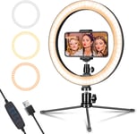 LED Ring Light 10"" with Tripod Stand & Phone Holder for Live Streaming & Youtube Video, Dimmable Desk Makeup Ring Light for Photography, Shooting with 3 Light Modes & 10 Brightness Level