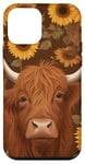 Coque pour iPhone 12 mini Cuir de vache marron avec vaches des Highlands et tournesols