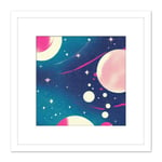 Vibrant Cosmos Planets Stars Outer Space Blue Pink Illustration Painting Square Wooden Framed Wall Art Print Picture 8X8 Inch