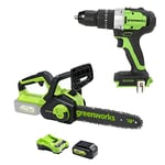 Greenworks 24V brushless Chainsaw, 60Nm Drill with 4Ah Battery/Charger