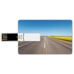 32G USB Flash Drives Credit Card Shape Yellow and Blue Memory Stick Bank Card Style On the Road Theme Highway with Sunflower Field Backdrop Nature Panorama,Grey Sky Blue Waterproof Pen Thumb Lovely Ju